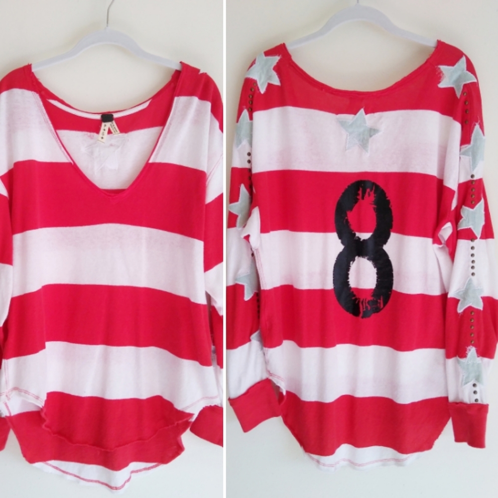 Free People Red and White Striped Sweatshirt